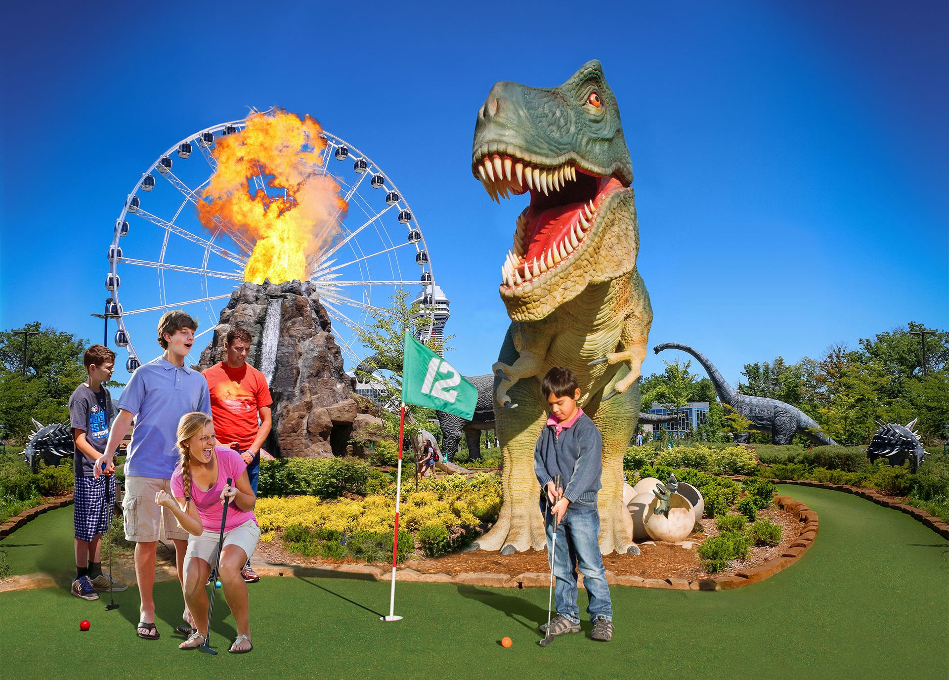 Mini Golf Players Putting In Front Of A T-Rex