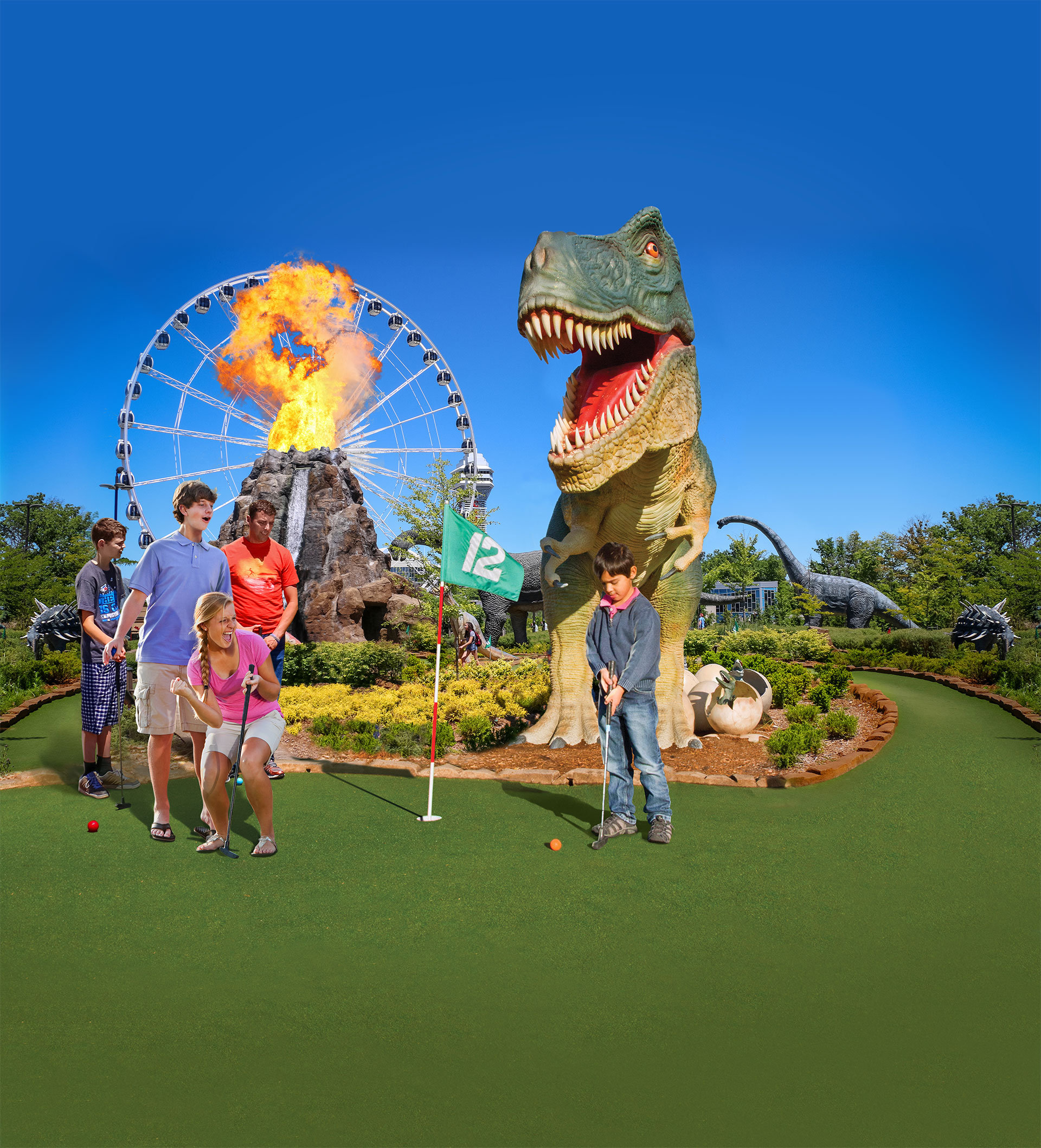 Mini Golf Players Putting In Front Of A T-Rex
